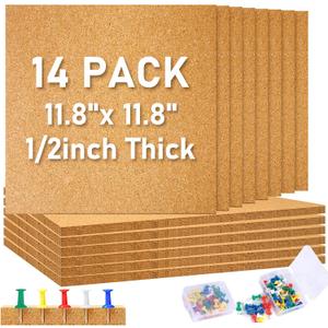 14 Pack Square Cork Bulletin Board Tiles,12 x 12 in Cork Board Tiles 1/2" Thick with 200 PCS Push Pins,Self-Adhesive Cork Sheet for Wall for Home Office Decor,School Message&Display Boards