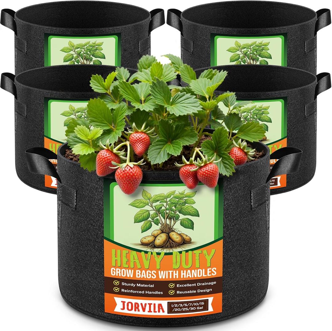 Jorvila 5 Pack 5 Gallon Grow Bags, Thickened Nonwoven Fabric Planter Pots with Handles, Heavy Duty 300G Garden Pots for Tomato, Potato and Vegetable (Black)