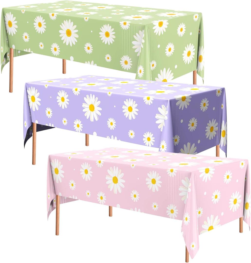 3 Pcs Daisy Tablecloth Daisy Flower 54 x 108 inches Plastic Disposable Birthday Party Decorations Groovy Retro Hippie Party Table Cover for 70s Boho Weddings Baby Shower Supplies (Pastel)