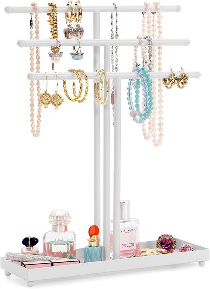 AUTODECO Jewelry Organizer Stand 3 Tier Tabletop Bracelet Rings Watches Necklace Display with Tray Great for Women White