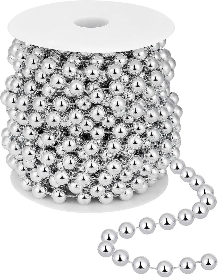 26 Feet Christmas Tree Beaded Garland Plastic Pearl Strands Chain Artificial Pearls Beads Trim Garland for Xmas Tree Holiday Wedding DIY Decoration Supplies (Silver)