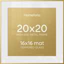 Homeforia 20x20 Picture Frame Gold, High End Metal 20 x 20 Square Poster Frame with Mat 16 x 16 Photo, 20x20 Frame Matted to 16x16 Print, 20by20 Gold Hanging Frames, Tempered Glass, Wall Kit, Set of 1
