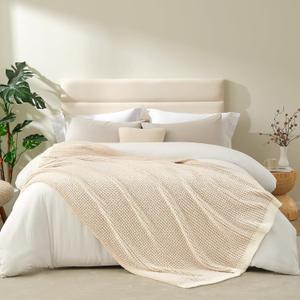 Snuggle Sac Cream Waffle Blanket for Couch Bed Sofa 60x80 inches, Reversible Beige Soft Throw Microfiber Fluffy Fuzzy Cozy Knit Twin Blanket for Women Mothers Birthday Gifts