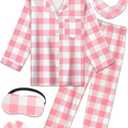 Kids Girl Pajama Set with Headband Blindfold Hair Tie Toddler Boy Girl Satin Silky Button-up Pajama Sleepwear (8-9 Years, Pink White Plaid-long)