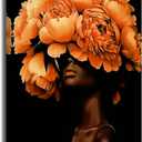 ZSHARTSWD African American Canvas Wall Art Black Woman with Flowers on Head Picture Abstract Black Girl Painting Prints for Girls Room Bathroom Decor Framed (Orange, 20L x 16W)
