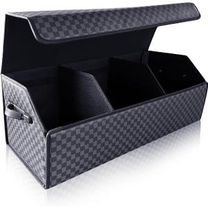 Trunk Organizer for SUV - Leather Storage Box, Extra Large, Magnetic Lid, Collapsible and Adjustable Car Organizer (Checked)