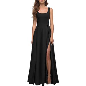 MUSHARE Women's Square Neck Sexy Split Cocktail Party Maxi Long Formal Dress (Large, Black)