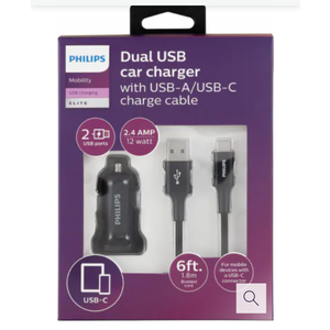 Charging Pack 1 DC Charger 2 USB 2.4A & 1USB-A-C Cable Braided