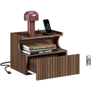 SoBuy Floating Nightstand with Charging Station and LED – Wall Mounted Bedside Table with Drawer and Shelf, Modern Floating Nightstand for Bedroom and Living Room, Walnut Wood Finish FBT180-E-N