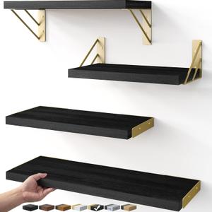 BAYKA Floating Shelves for Bedroom Decor, Wall Shelves for Storage, Wall Mounted Rustic Wood Floating Shelf for Books,Corner Shelf for Bathroom,Kitchen,Living Room(Black and GoldSet of 4)