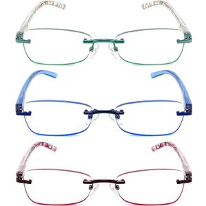 JJWELL 3 Pack Reading Glasses for Women Blue Light Blocking, Anti Eyestrain/UV 400 Filter Readers with Spring Hinge, Lightweight Rimless Tinted Metal Blue Rays Eyeglasses (200) (Purple Blue Green)