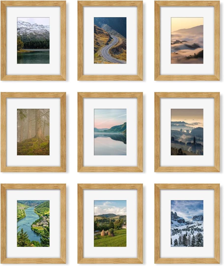 YESKAY 8x10 Picture Frame Set of 9, Display Pictures 5x7 with Mat or 8 x 10 Without Mat, Multi Photo Frames for Wall Mounting or Table Top Display, Natural Oak