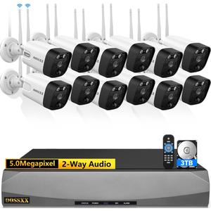 5.5MP & 2-Way Audio Dual Antennas Security Wireless Camera System 3K 5.0MP 1944P Wireless Surveillance Monitor DVR Kits with 3TB Hard Drive,12Pcs Outdoor WiFi Security Cameras PIR Detection