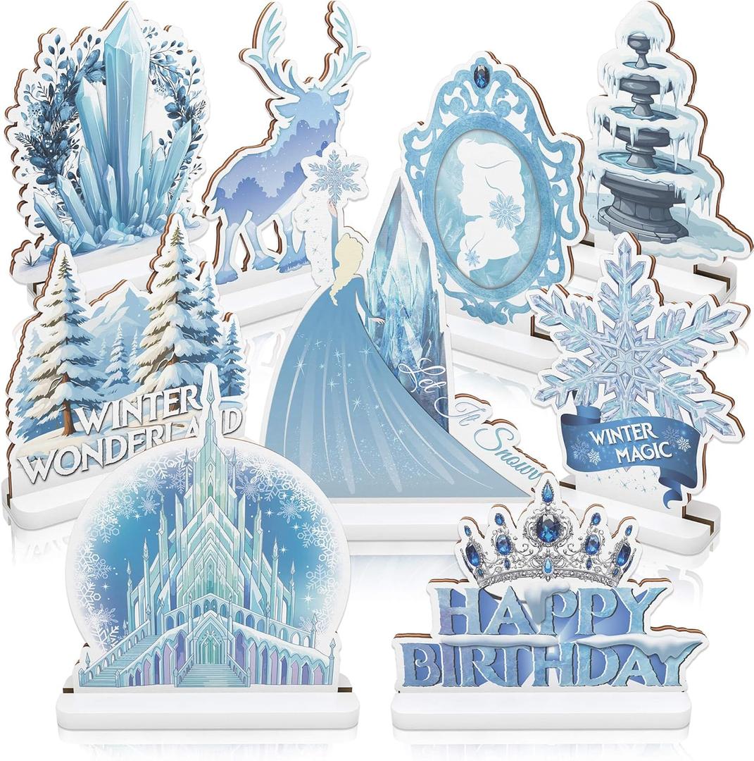 9pcs Frozen Themed Wooden Happy Birthday Signs Centerpieces for Girls' Birthday Party Table Decorations (Blue and White)