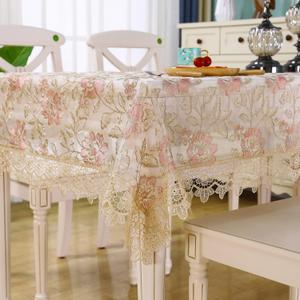 Lace Table Cloth Floral Embroidered Decor Macrame Crochet Vintage Tablecloth Shabby Chic Table Cover for Dining Kitchen Summer Outdoor Holiday (Pink-Gold, Rectangle/Oblong 60 in x 120 in)