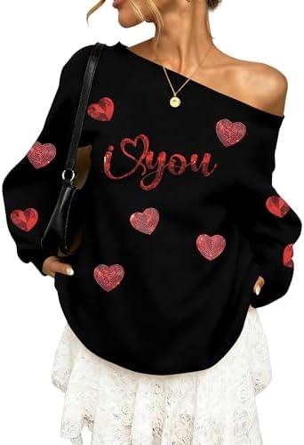 BANGELY Valentines Off Shoulder Sweatshirt Women Love Heart Long Sleeve Shirt Casual Oversized Sweatshirts Fashion Sequin Top, Large, Black