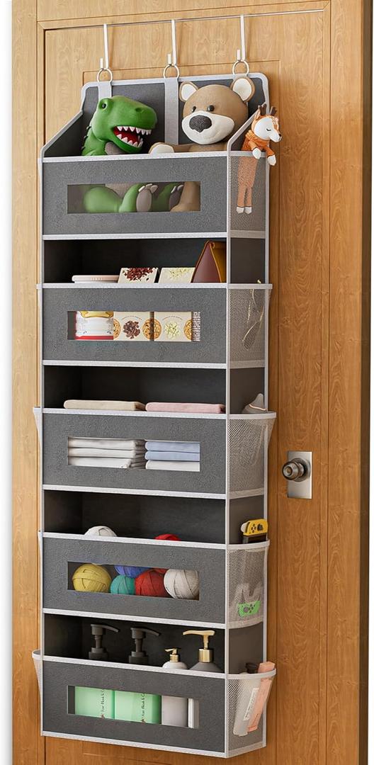 5 Tier Over The Door Organizer - Large Capacity Behind Door Hanging Shelves with 10 Mesh Pockets and Clear Windows, Closet Organizers and Storage for Bathroom, Bedroom, Nursery, Grey