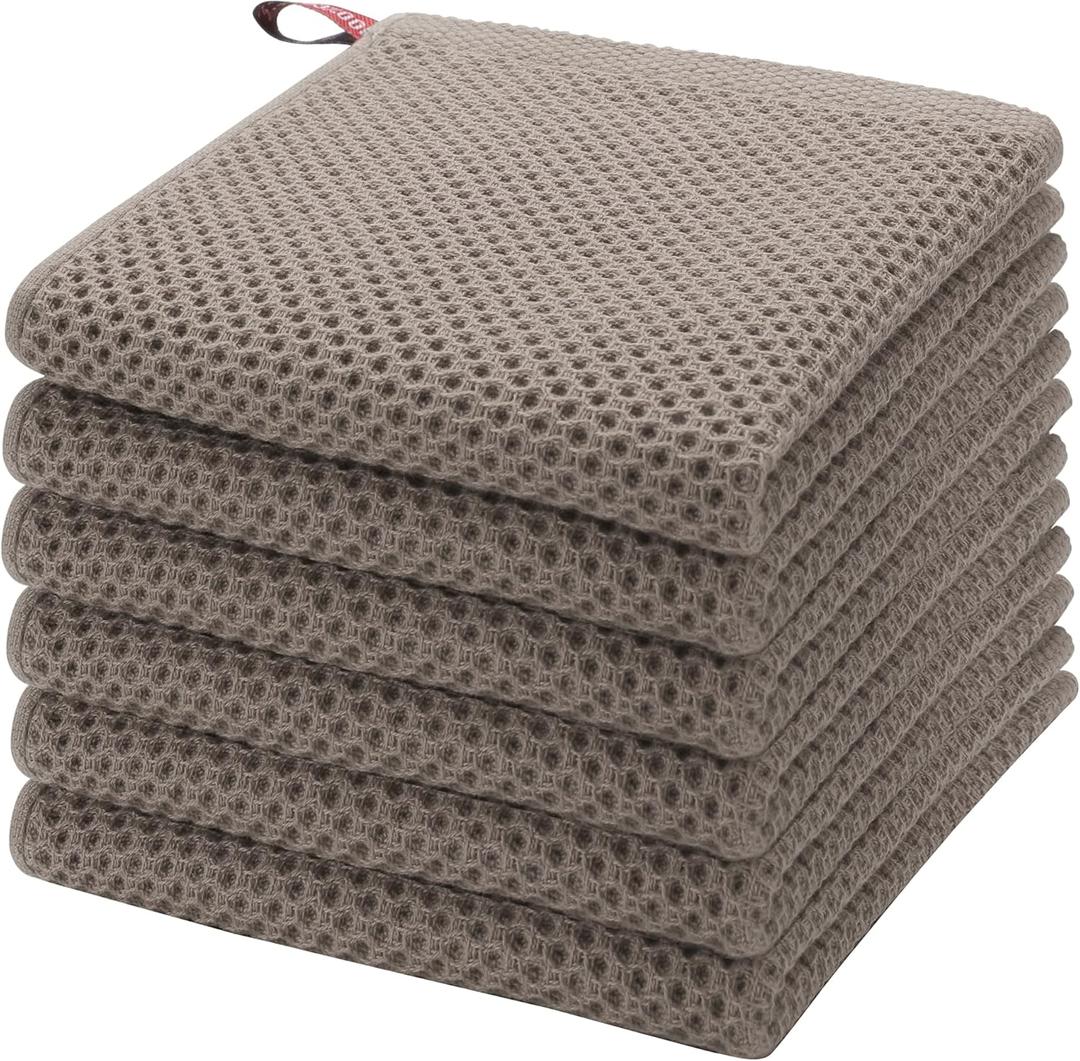 PiccoCasa 100% Cotton Dish Cloths Rags - Waffle Weave Kitchen Towels for Washing Dishes - Soft Absorbent Dish Towels for Kitchen Drying - 6 Pack -13 x 13 Inch - Brown