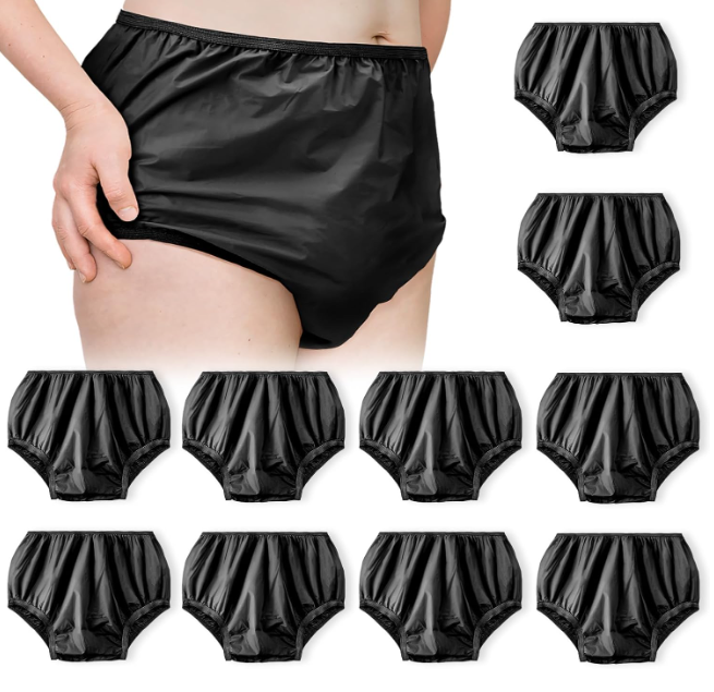 Vinsatin 10 Pcs Adult Plastic Diaper Cover PullOn Cover Plastic Pants Reusable Incontinence Waterproof Pants (Large,Black)