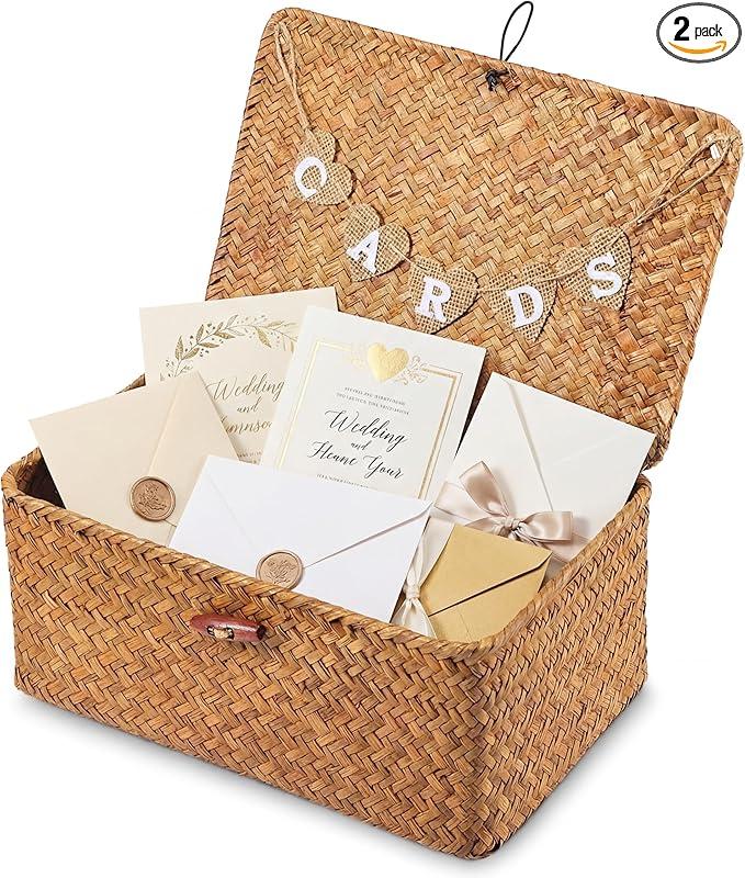 Geelin Sea Grass Wedding Card Basket With Letter Flag Decorative Wedding Card Woven Post Box Suitable For Baby Showers Birthdays Graduation Ceremonies Bridal Showers(Natural Color,11 Inch)