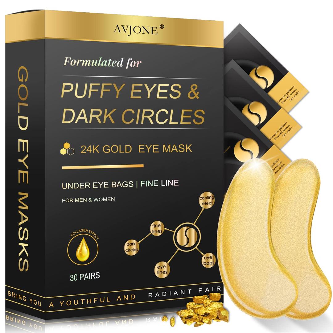 AVJONE 24K Gold Under Eye Patches (30 Pairs), Collagen eye masks for dark circles and puffiness, eye patches for women puffy eyes, Revitalises and Refreshes Your Skin (1 Count (Pack of 30))