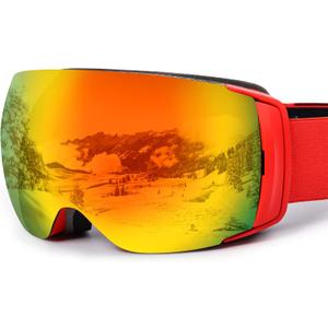 Ski Goggles Men Women OTG Anti-Fog/Scratch 100% UV-Magnetic Lens-Snowboard Snow Goggles for Men & Women (E-red Frame Revo Red Vlt 25%)