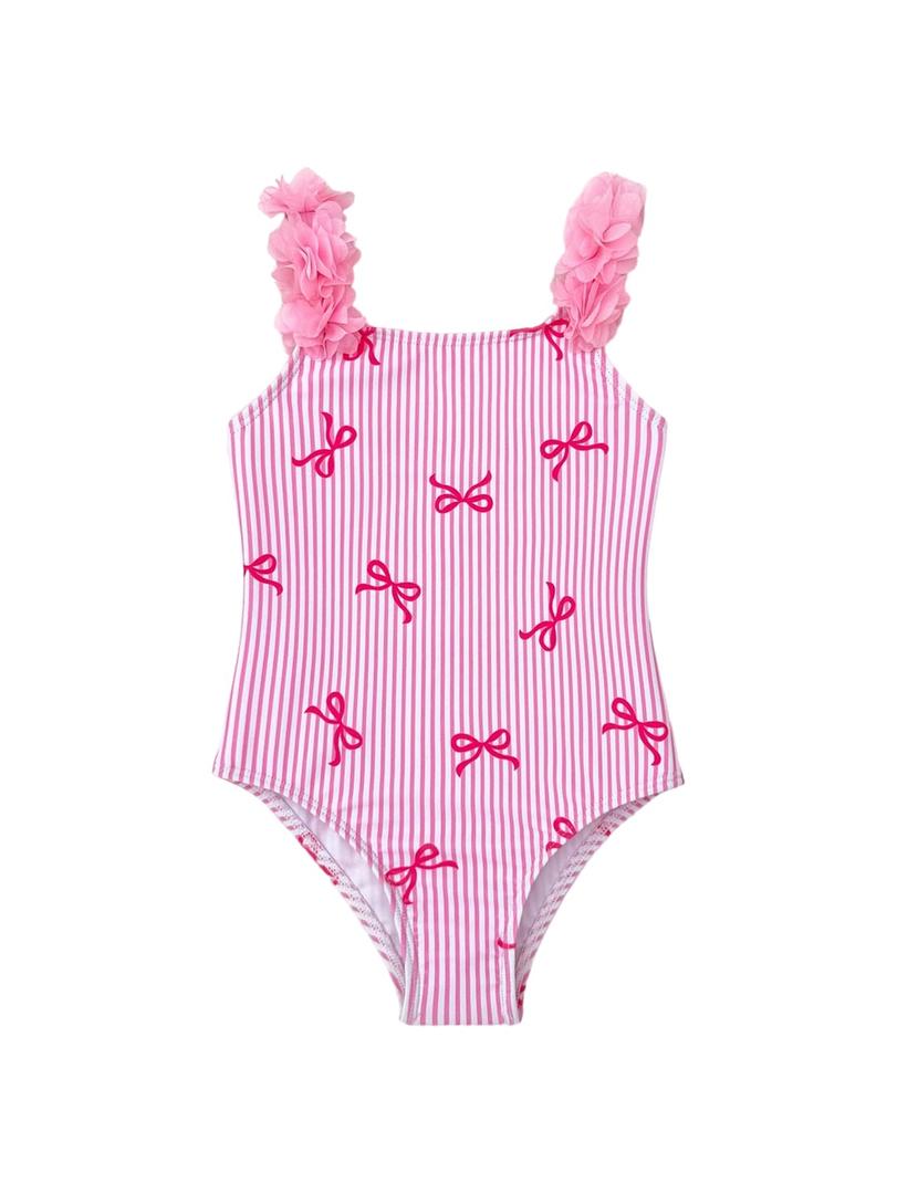 GORGLITTER Girl's Swimsuits Summer Cute Bow Striped Ruffle One Piece Bathing Suits Swimwear Tummy Control Swimsuit Pink 6 Years