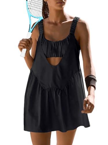 Sexyasasii Womens Black Tennis Dress Built in Bra and Shorts Pockets Casual Summer Workout Golf Dresses Athletic Outfits for Light Exercise XS