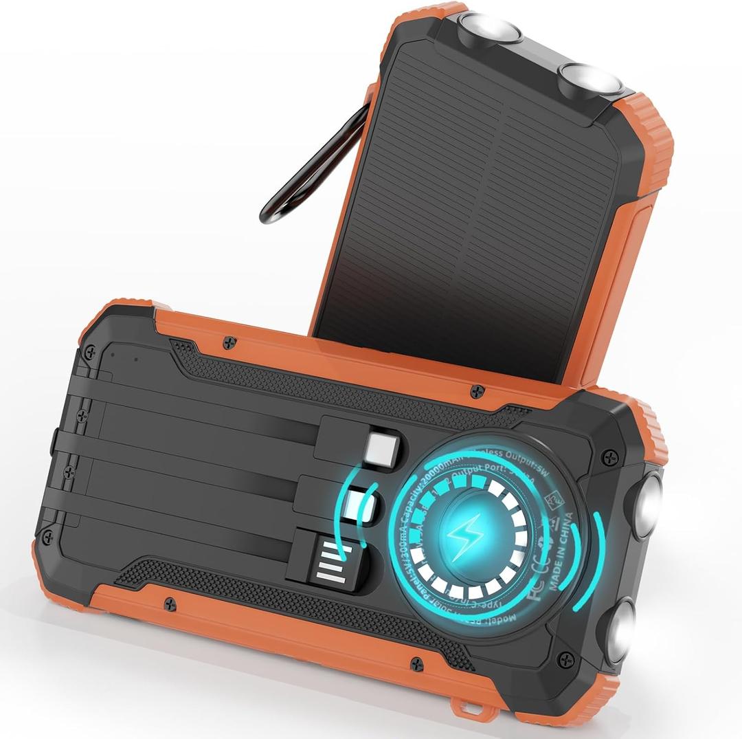 ERRBBIC Solar Charger Power Bank 20000mAh, Portable Wireless Charger, 15W Fast Charging External Battery Pack with Dual Flashlight and USB C Outputs. Outdoor Mobile Power Compatible with Cell Phones (Orange)