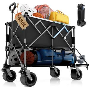 Homebetta 52" Heavy Duty Double-Layer Wagon with Brakes,560LBS Double Decker Wagon,650L Collapsible Wagons Carts with All-Terrain Big Wheels for Sports,Camping,Fishing,Transport