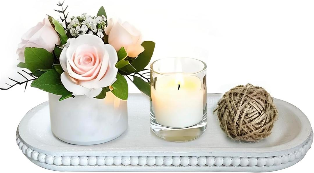 Dwellington Wooden Farmhouse Decorative Tray, 12in Rustic Beaded Tray for Living Room Decor, Kitchen Table Décor, Oval Coffee Table Serving Tray (White)