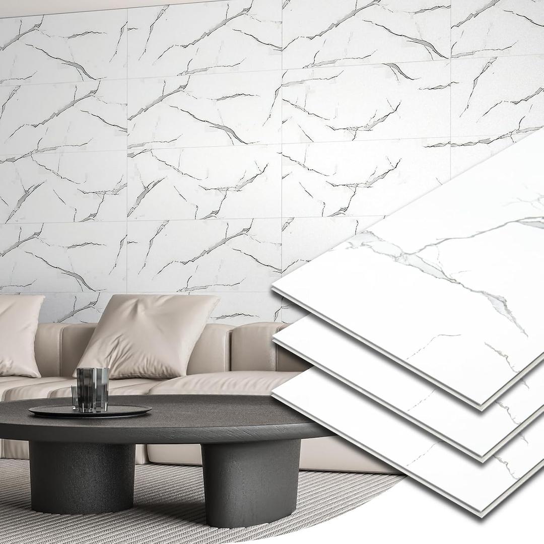 Art3d 10-Pack 24"x12" SPC Wall Panels, 20 Sq.feet Waterproof Click Lock Panels for Interior Wall Decor, Rigid Core Wall Panel for Bathroom, Kitchen, Living Room, Pure Marble White