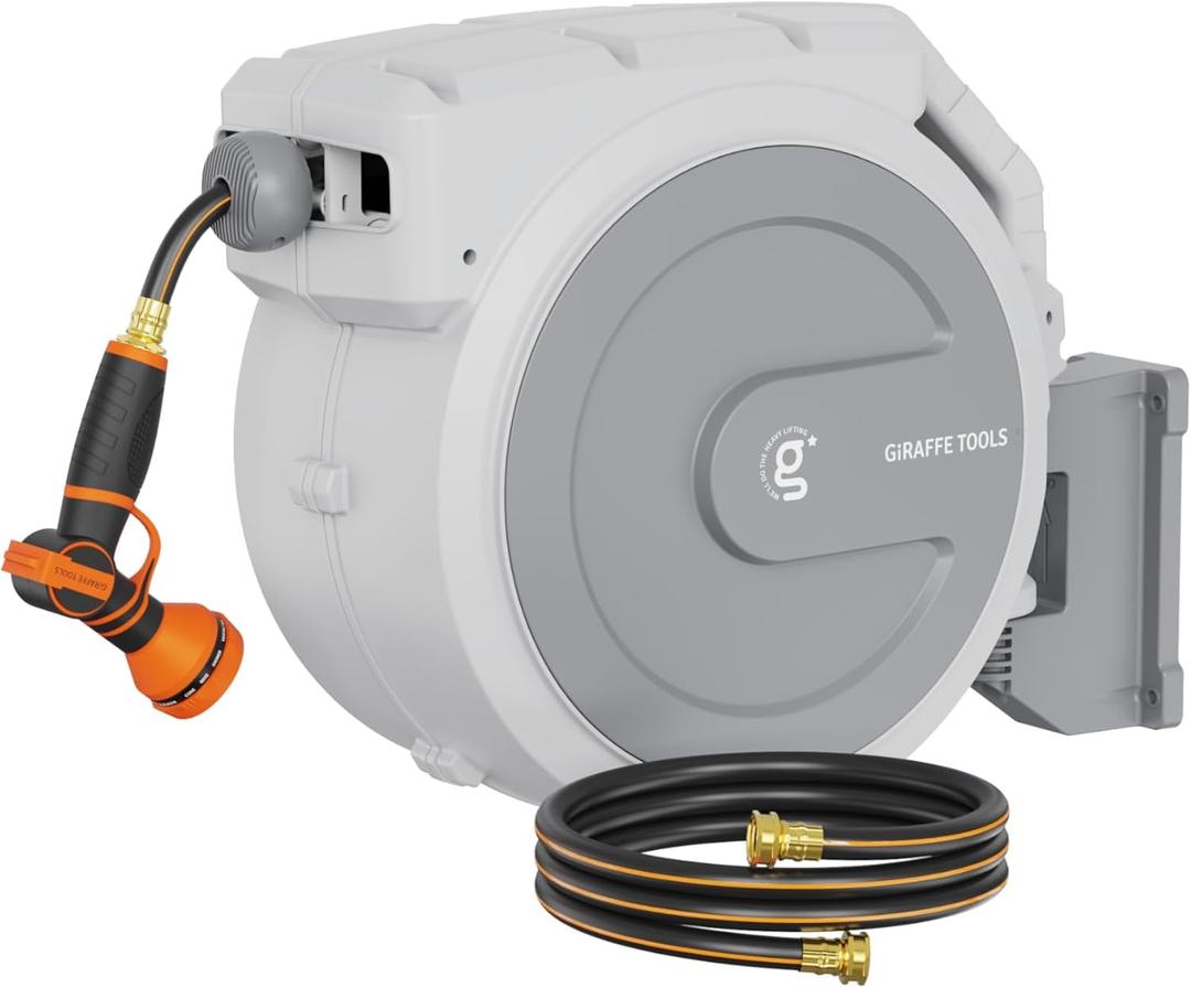 Giraffe Tools Heavy Duty Retractable Garden Hose Reel 130 FT, Wall Mounted with 9 Pattern Nozzle & Detachable Leader Hose, 180 Swivel Bracket, Any Length Lock, Commercial Grade (Light Grey)