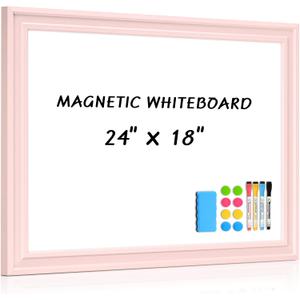 White Board for Wall, 24'' x 18'' Magnetic Dry Erase Board, Pink | Wooden Frame, Decorative Whiteboard, Wall Mounted, for Home, Office, Kitchen, Dorm, 4 Markers, 6 Magnets, A Eraser