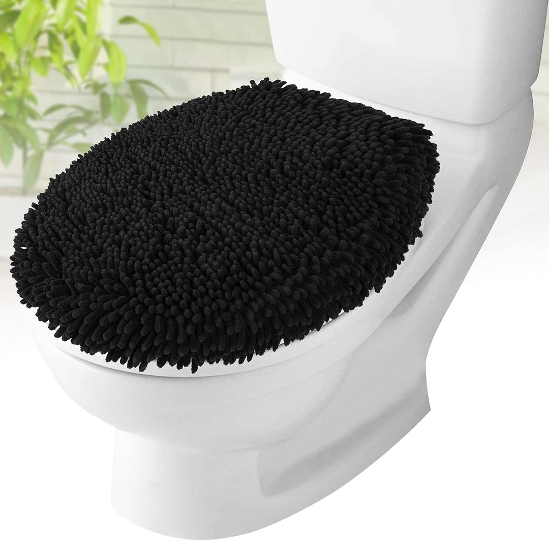 MAYSHINE Toilet Lid Cover - Black, Plush Microfiber Oval Toilet Seat Covers for Bathroom, Machine Washable Elongated Toilet Cover Seat, Stretches up to 21"x19"