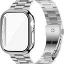 iiteeology Compatible with Apple Watch Band 42mm Series 11 Series 10, Upgraded Stainless Steel Band with iWatch Screen Protector Case for Men Women Silver/Silver