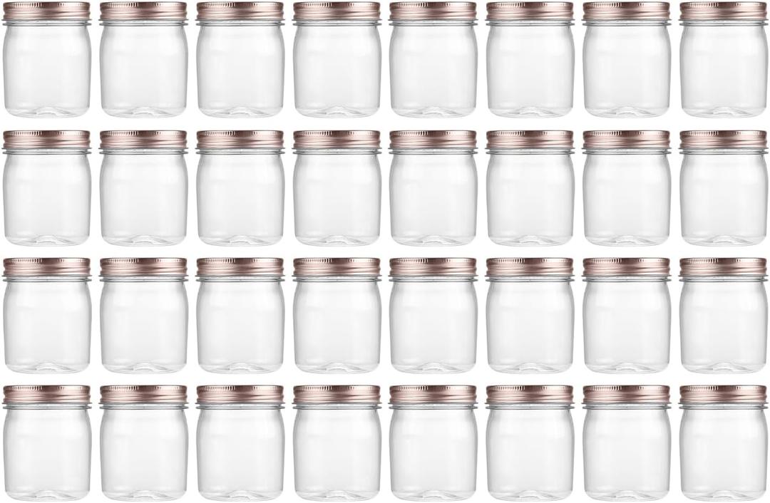 novelinks 8 oz Clear Plastic Jars with Airtight Lids, 32 Pack Plastic Mason Jars with Lids 8oz, Refillable Storage Slime Containers & Small Spice Jar for Kitchen Organization (32 Pack, Rose Gold)