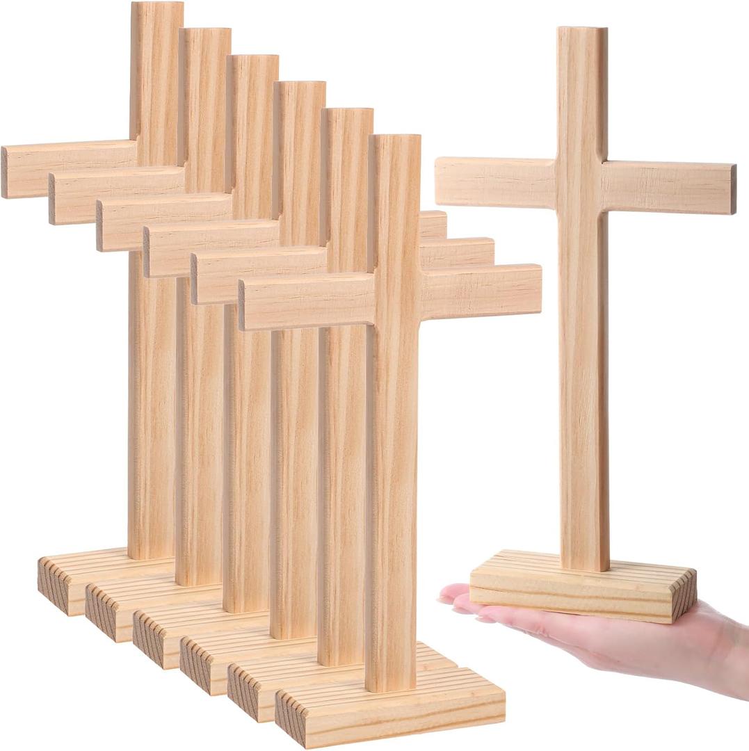 Suzile 6 Pcs 12 Inch Wooden Crosses for Craft Unfinished Wood Tabletop Cross Nativity Wood Crosses Standing Cross Centerpieces for Christmas Easter Church Sunday First Communion Baptism Decoration