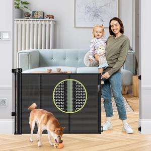 Reinforced 55" Wide Retractable Baby Gates with Reinforced Strips, Indoor/Outdoor Retractable Dog Gate for Doorway Prevent Bottom Drilling Through, No Bottom Bar Safety Mesh Baby Gate for Stair, Black