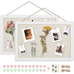AKTOP 2-Pack Cork Board Bulletin Board 16x11 inch, Small Framed Corkboard with Linen for Wall, Hanging Pin Board Picture Board for Home Office Decor, Cute Vision Board with 25 Pushpins (Vintage White)
