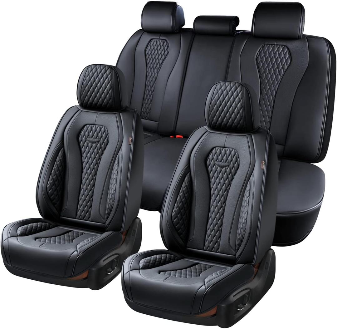 Coverado Leather Seat Covers Full Set, 5 Seats Universal for Cars, Waterproof Luxury Leatherette Cushions, Front and Rear Protectors, Auto Fit Most Vehicles Black (FullSet)