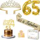 65th Birthday Decorations for Women with 65th Birthday Sash and Crown, Number Balloons, Birthday Card, Cake Topper and Candles, 65 Year Old Female Gifts for Her, Gold