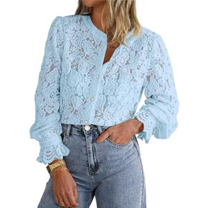 PRETTYGARDEN Women's Dressy Casual Lace Blouse Long Sleeve Button Up Shirts Tops Spring Fall Fashion Clothes (Light Blue, X-Large)