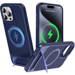 for Magnetic Heat Dissipatio case for iPhone 15 Pro, for MagSafe, Coolingf Drop Protection, Adjustable Kickstand case, Ice Armour Cool Matte Material - Blue