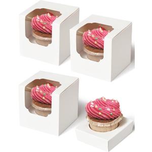 Cupcake Boxes 50 Pcs White Individual Cupcake Box, Single Container Cardboard Holders with Insert and Window for Muffins Cocoa Bombs Packaging Togo Boxes for Birthdays Showers Party Favors