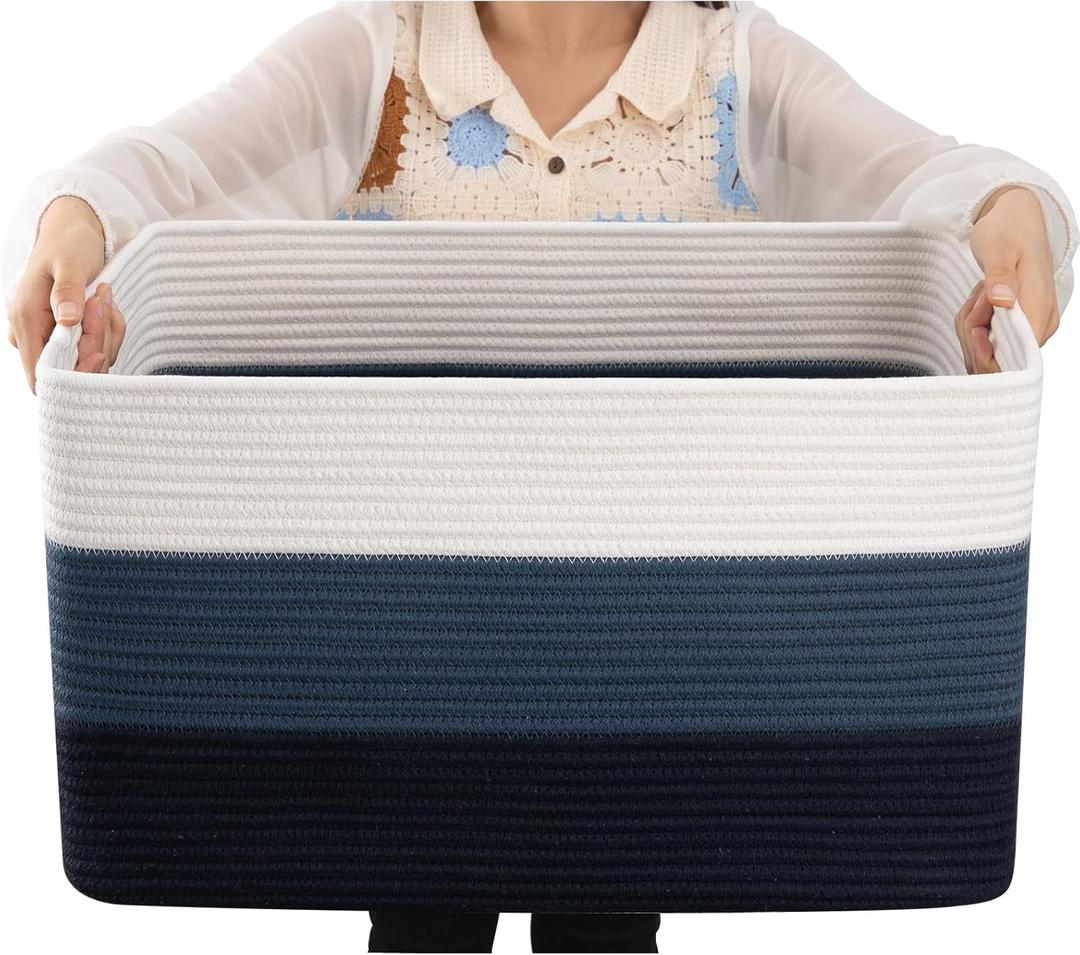 OIAHOMY Large Blanket Basket, 22x17x12 Rectangle Woven Baskets, Nursery Blanket Storage Living Room, Toy Storage With Handle, Large Baskets for Organizing-Gradient Blue