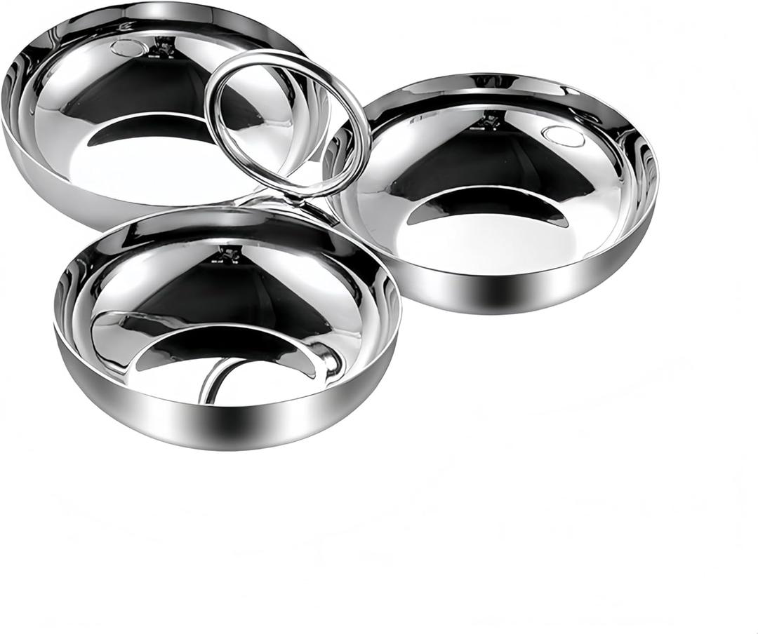 Cluster Serving Bowls 3 in 1 Silver Stainless Steel Snack Bowls Connected Fruit Tray Snack Plate for Home Kitchen Party Reusable Portable Ring Style Dessert Bowl Set