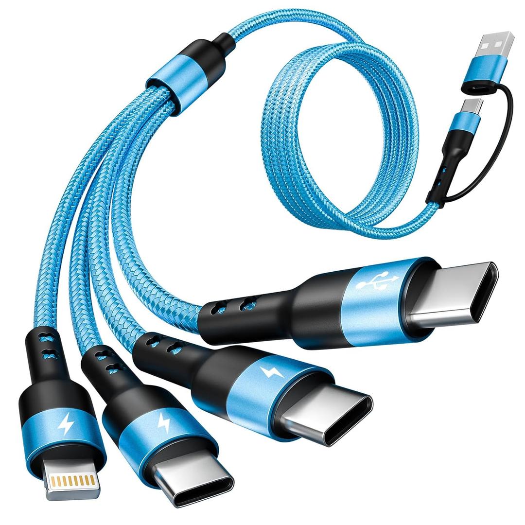 Travel Essentials, 4 in 2 Multi Charging Cable 3 USB C Chargers for iPhone 17, Multi Charger Cord with 3 Type C/IP, Compatible for iPhone 17 to 11, Android, Galaxy, iPad, Data Sync, 5 FT (Blue)