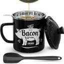 Bacon Grease Container With Strainer, 46OZ Large Enamel Grease Container, With Silicone Spatula, Farmhouse Bacon Grease Keeper, Cooking Oil Container For Kitchen Fat Storage, Dishwasher Safe-Black