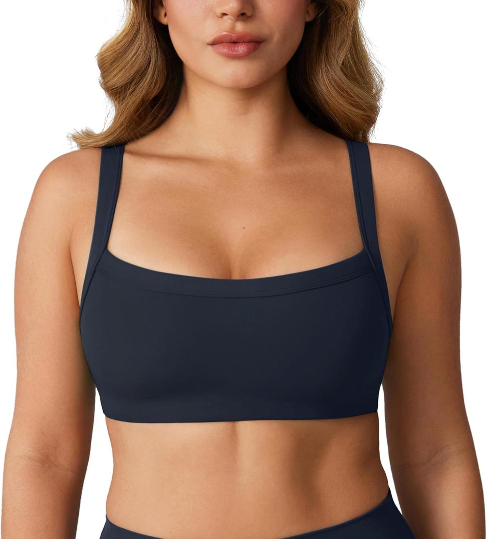 Hugcurve Adjustable Sports Bra Square Neck Wireless Padded Yoga Workout Tops (Large, Twilight Blue)